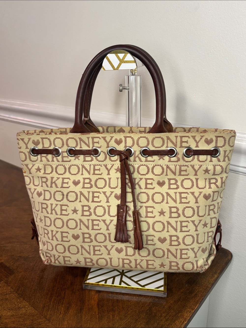 Dooney & Bourke Beige Canvas Logo Tote with Brown Trim